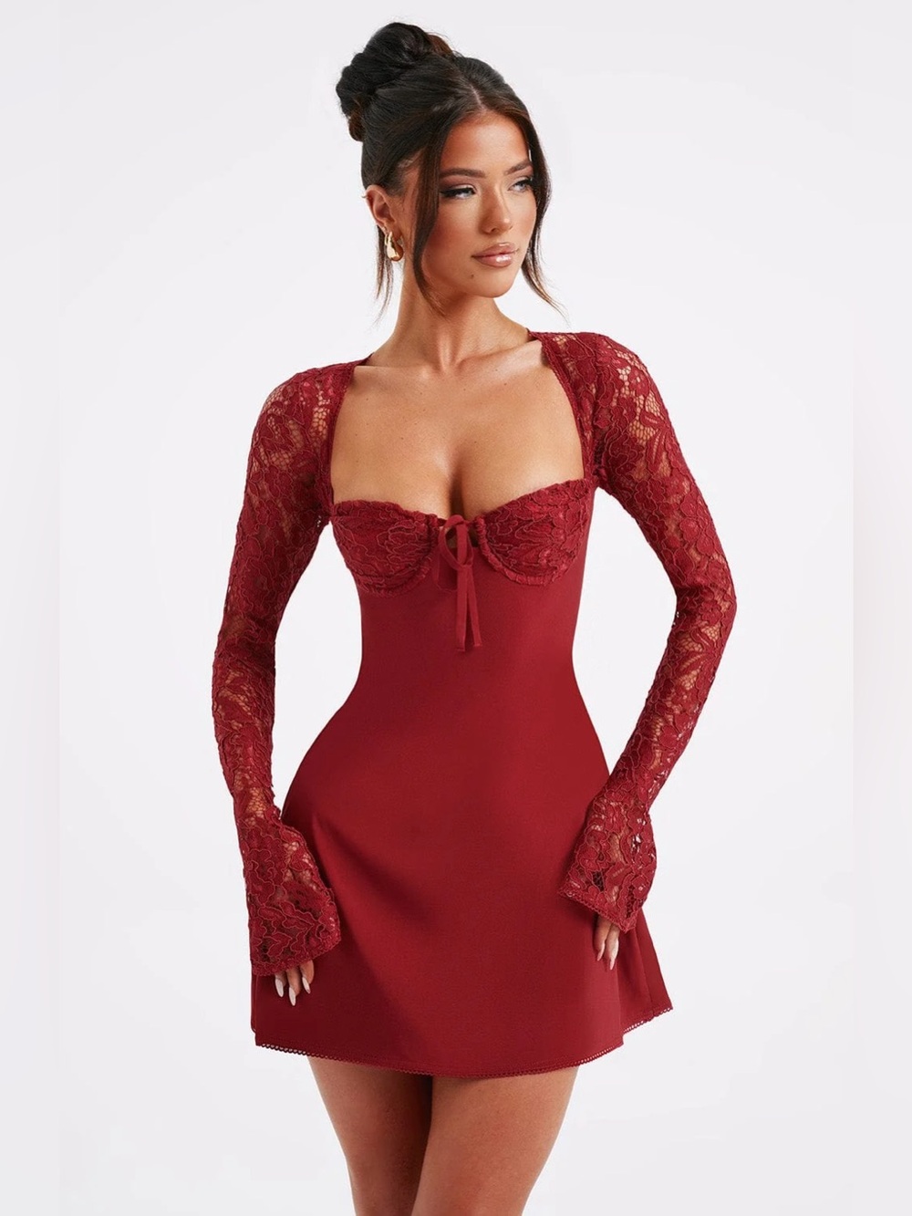 BABYBOO Jacinta Mini Dress Small Red Lace Flare Sleeves Milkmaid Party Night Out
